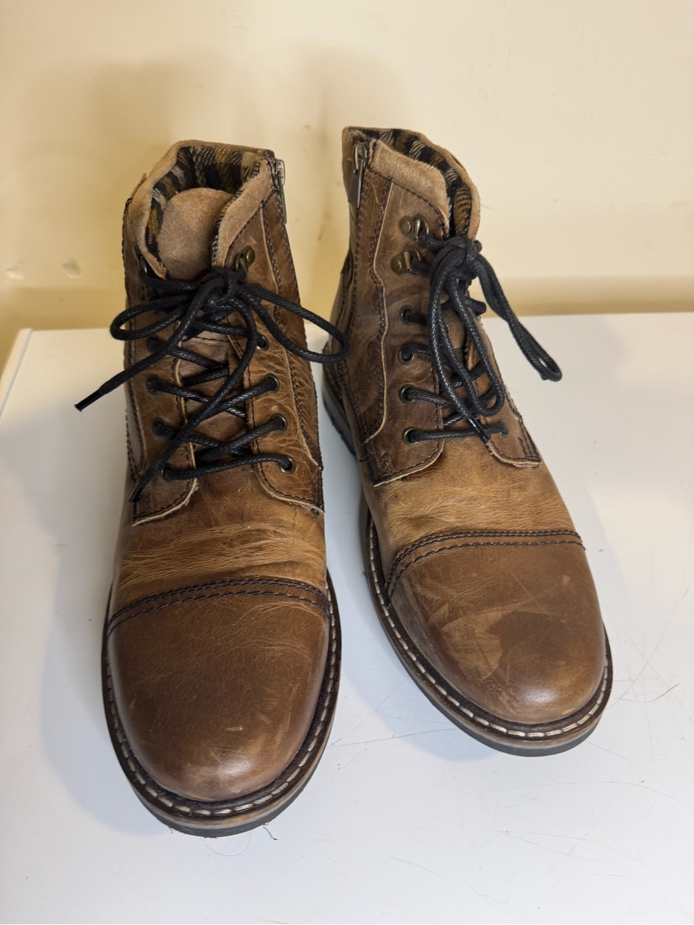 Crevo Men’s Brown Distressed Leather Cap Toe Lace Up Side Zip Boots